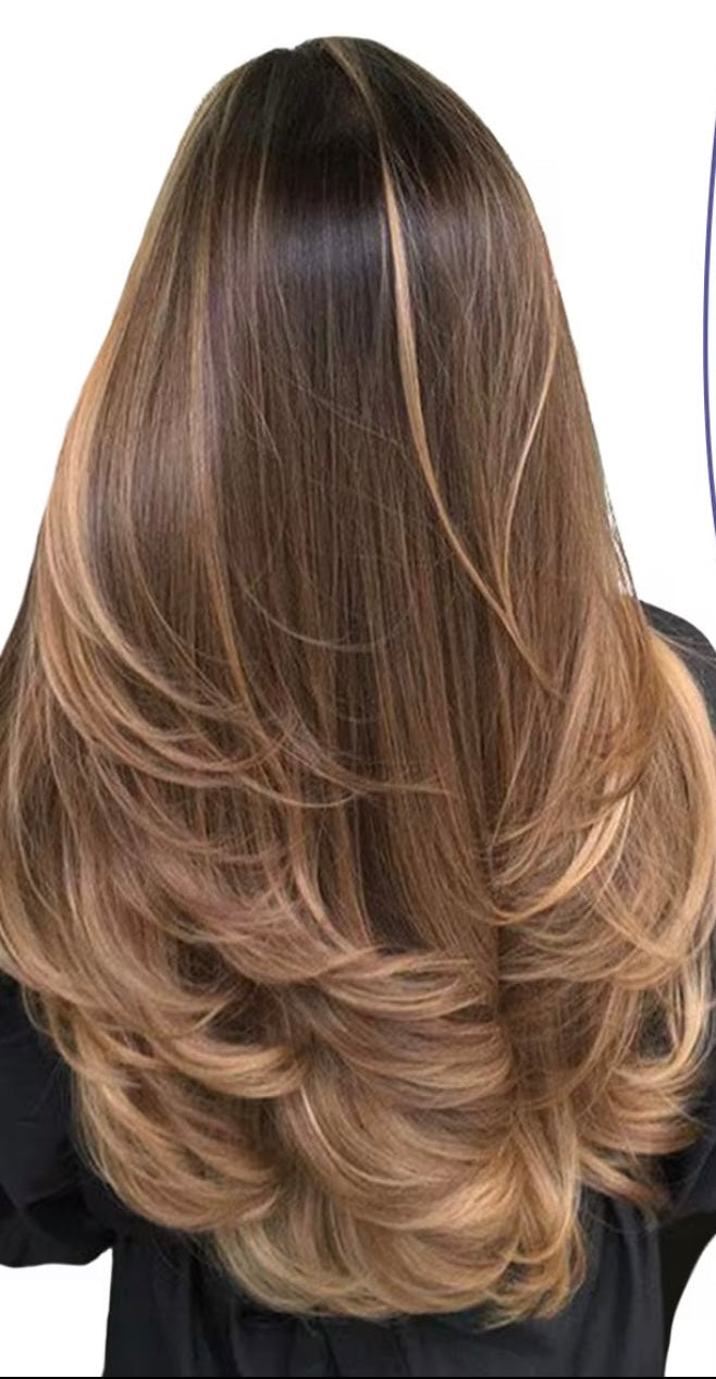 Hair extensions with a gradient from dark brown to blonde on a white background